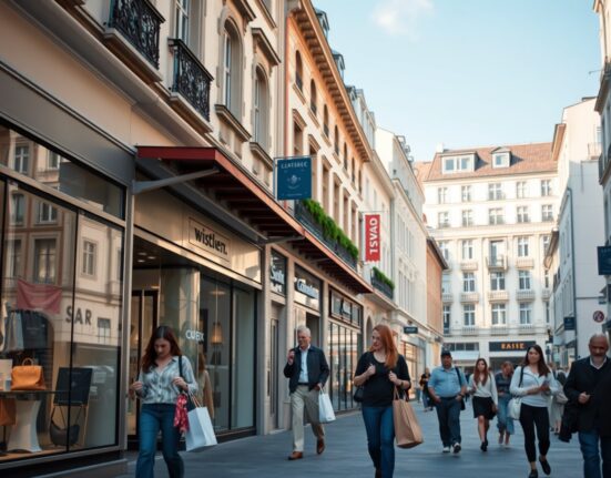 Shoppers on a busy retail street in Switzerland, reflecting strong consumer spending.