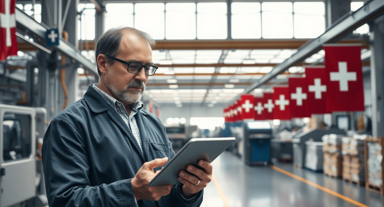Swiss factory manager reviewing PMI data on tablet in industrial setting