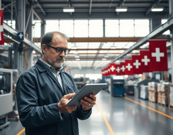 Swiss factory manager reviewing PMI data on tablet in industrial setting