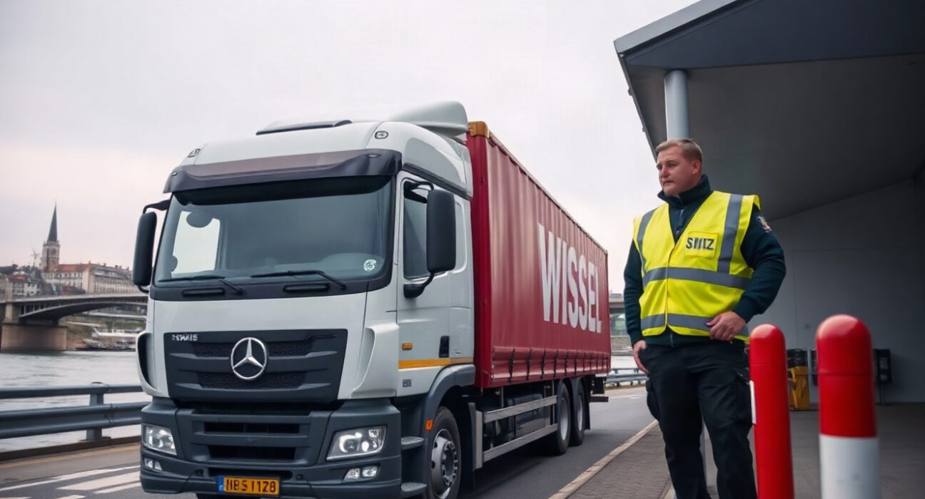 Swiss customs officer inspects a cargo truck at the Basel border crossing, representing Switzerland's trade activity.