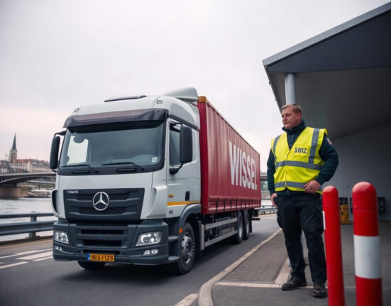 Swiss customs officer inspects a cargo truck at the Basel border crossing, representing Switzerland's trade activity.
