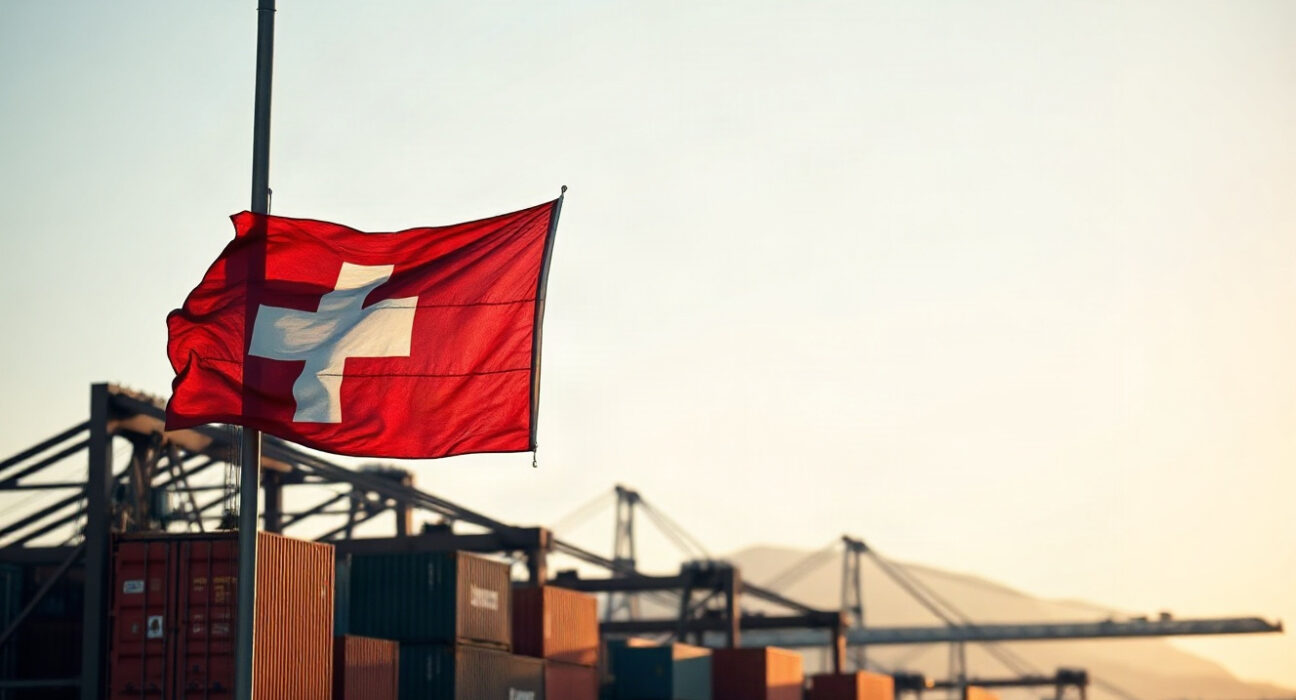 Swiss flag flying over a commercial port with cargo containers, symbolizing the country's trade activity.