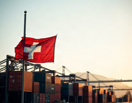 Swiss flag flying over a commercial port with cargo containers, symbolizing the country's trade activity.