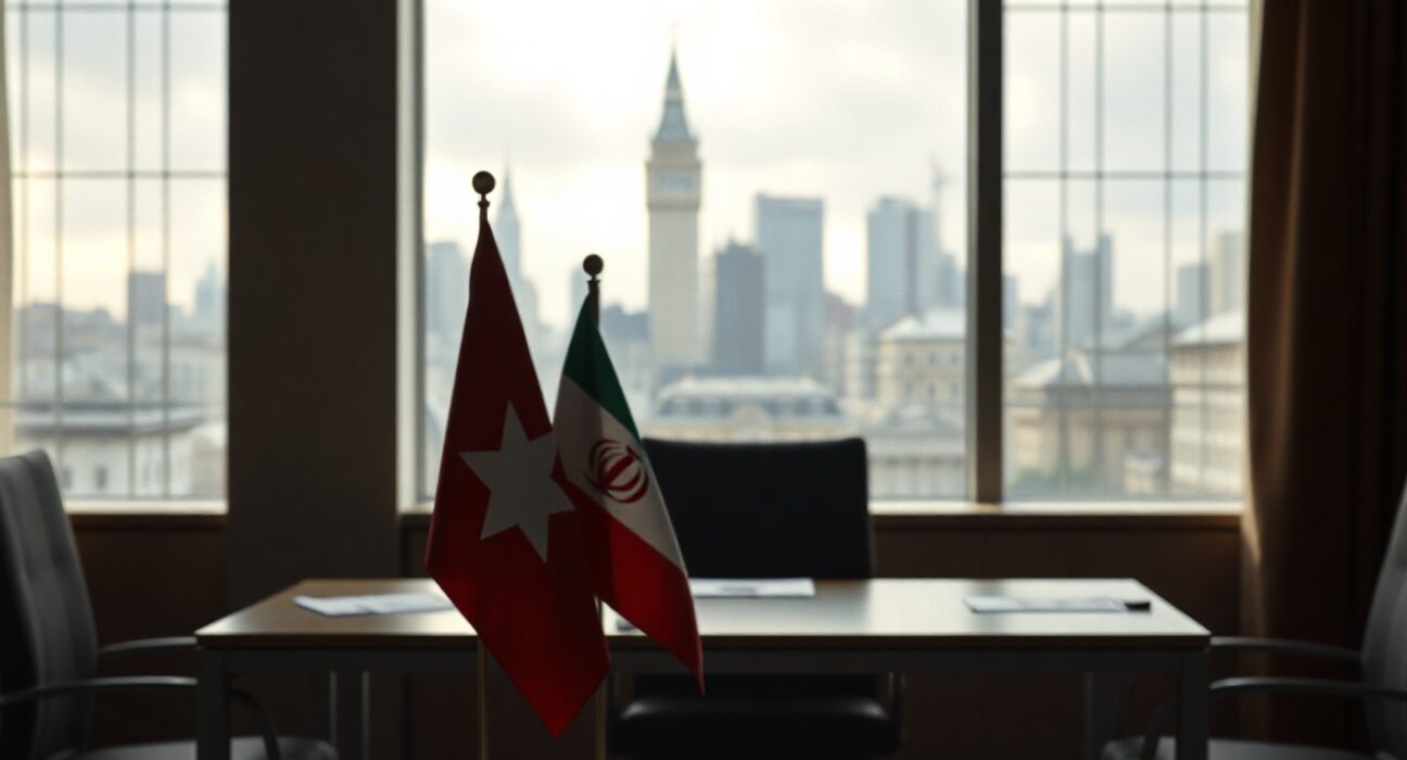 Empty diplomatic meeting room in Geneva with Swiss and Iranian flags, representing canceled US-Iran talks