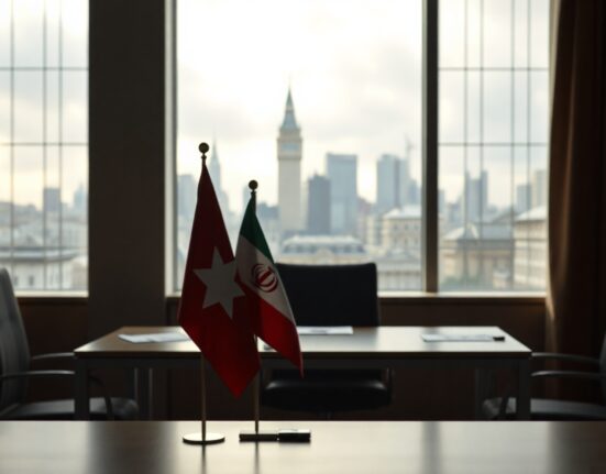 Empty diplomatic meeting room in Geneva with Swiss and Iranian flags, representing canceled US-Iran talks