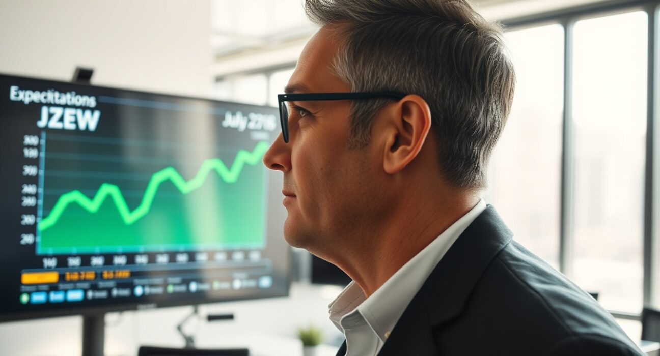 Financial analyst viewing a green uptrend chart of Switzerland ZEW Expectations in a Zurich office
