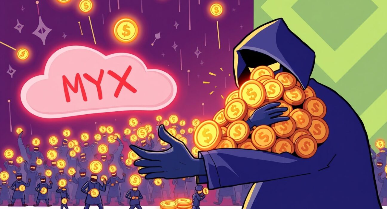 Cartoon showing a single entity orchestrating a large-scale Sybil attack to claim MYX tokens from an airdrop.