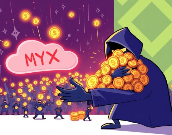 Cartoon showing a single entity orchestrating a large-scale Sybil attack to claim MYX tokens from an airdrop.