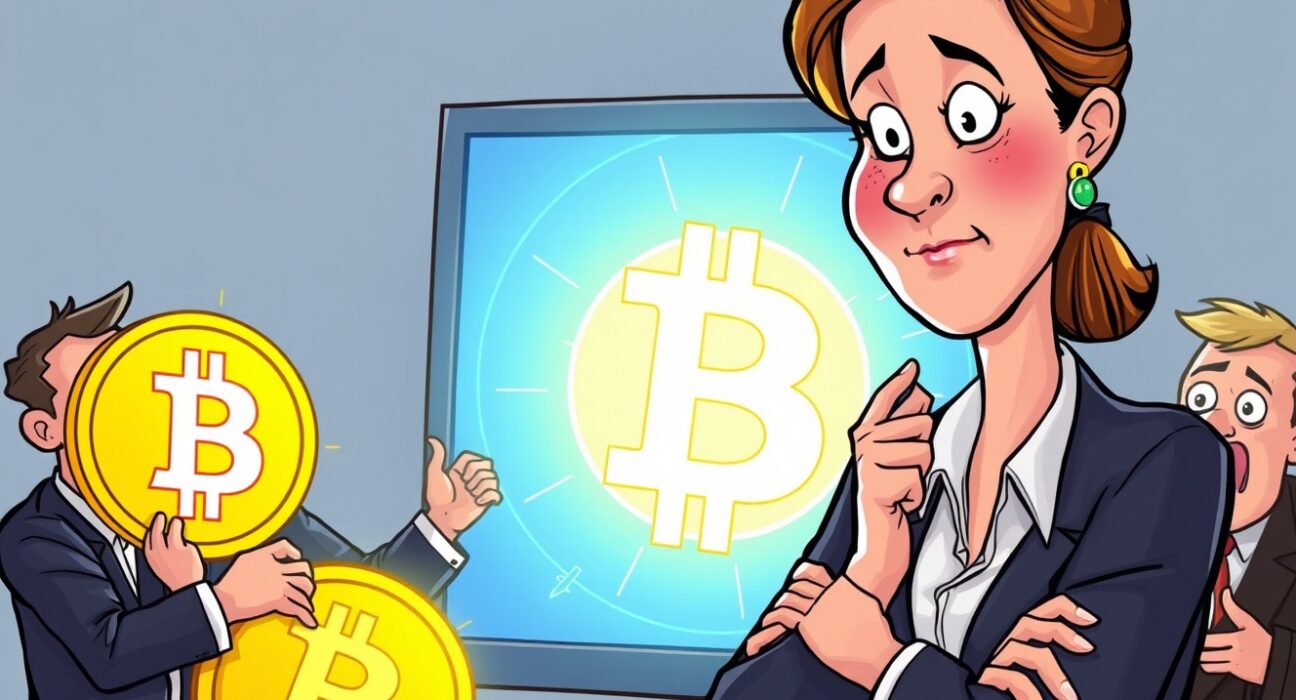 A cartoon illustration showing an asset manager prudently guiding clients on Bitcoin ETF investments, emphasizing caution.