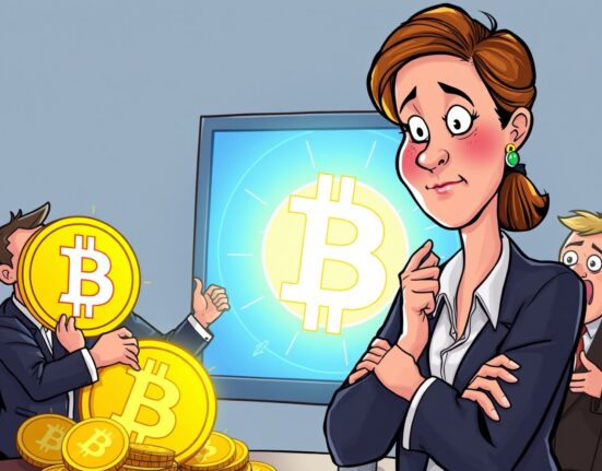 A cartoon illustration showing an asset manager prudently guiding clients on Bitcoin ETF investments, emphasizing caution.
