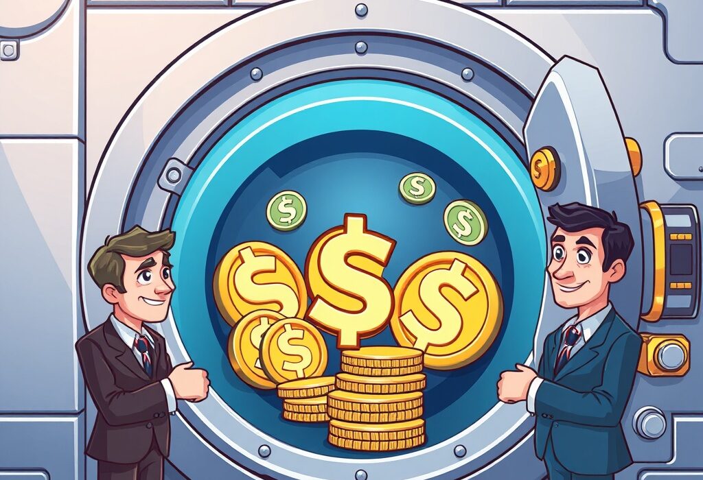 A cartoon illustration showcasing Sygnum Bank's secure digital asset services, emphasizing their new Sygnum Bank SUI services for institutional clients.