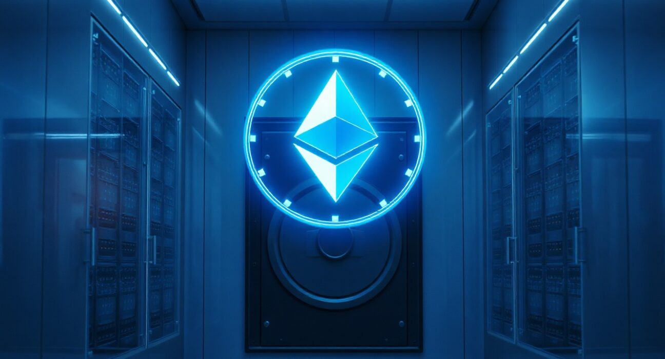 Holographic Ethereum symbol inside a high-security bank vault with servers