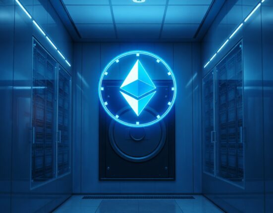 Holographic Ethereum symbol inside a high-security bank vault with servers