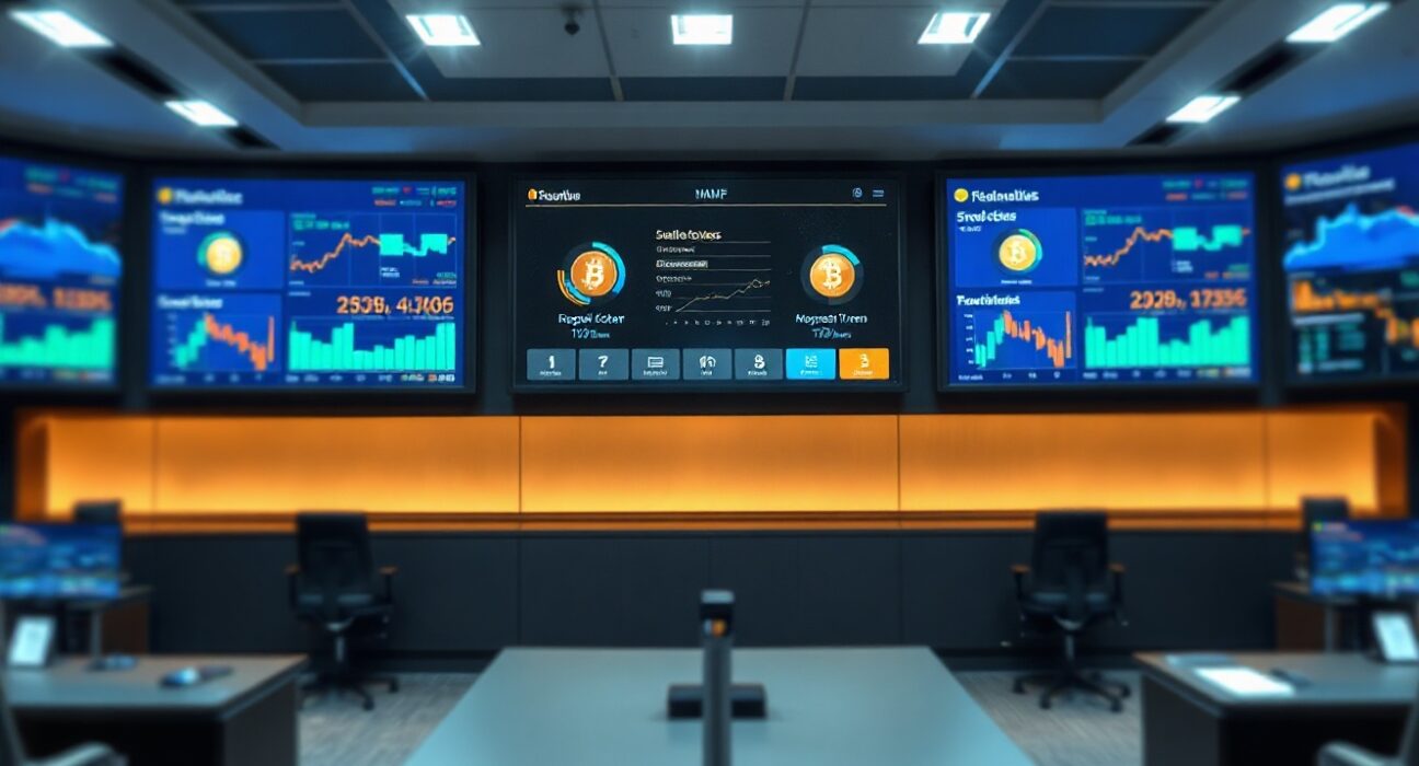 Professional control room with screens showing integrated deposit token and money market fund dashboard