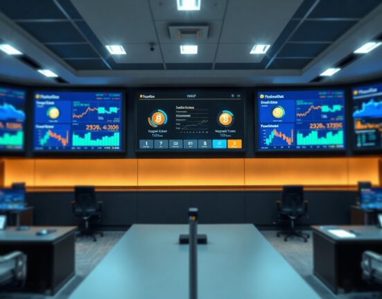 Professional control room with screens showing integrated deposit token and money market fund dashboard
