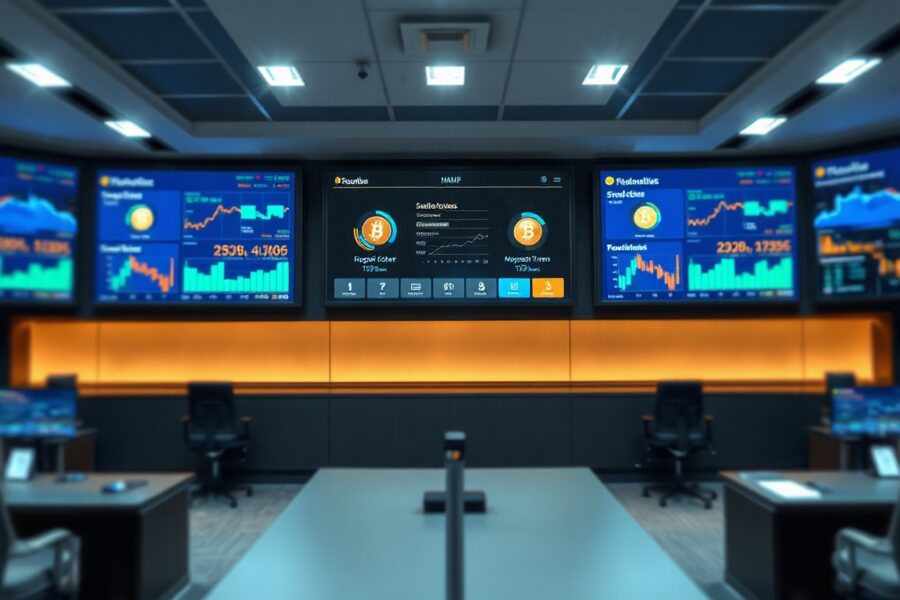 Professional control room with screens showing integrated deposit token and money market fund dashboard