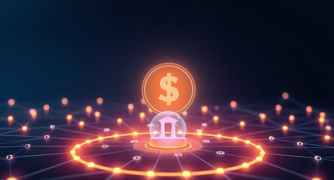Digital interface showing an instant stablecoin swap with a tokenized real-world asset network