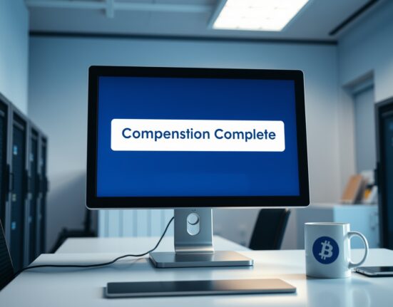 Computer monitor showing blockchain transaction confirmation for Syndicate hack compensation