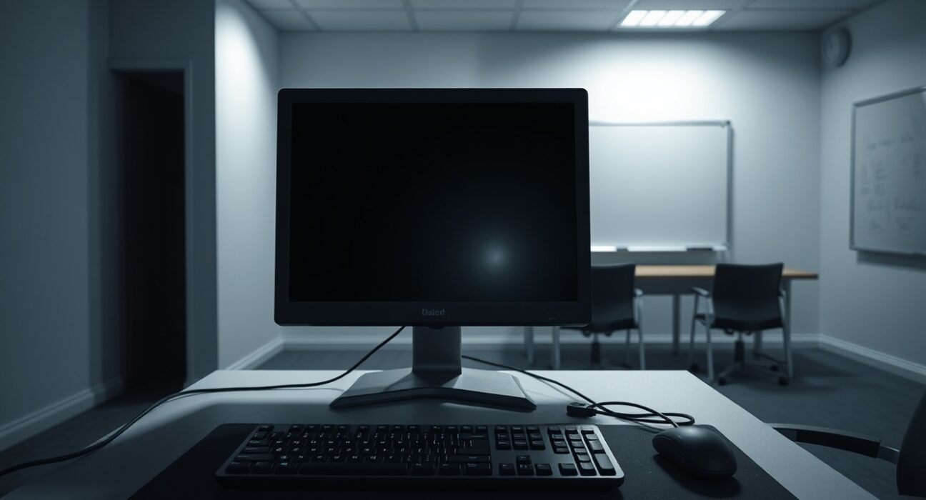A powered-down computer monitor on a desk in an empty, dimly lit office, symbolizing the closure of Syndicate.