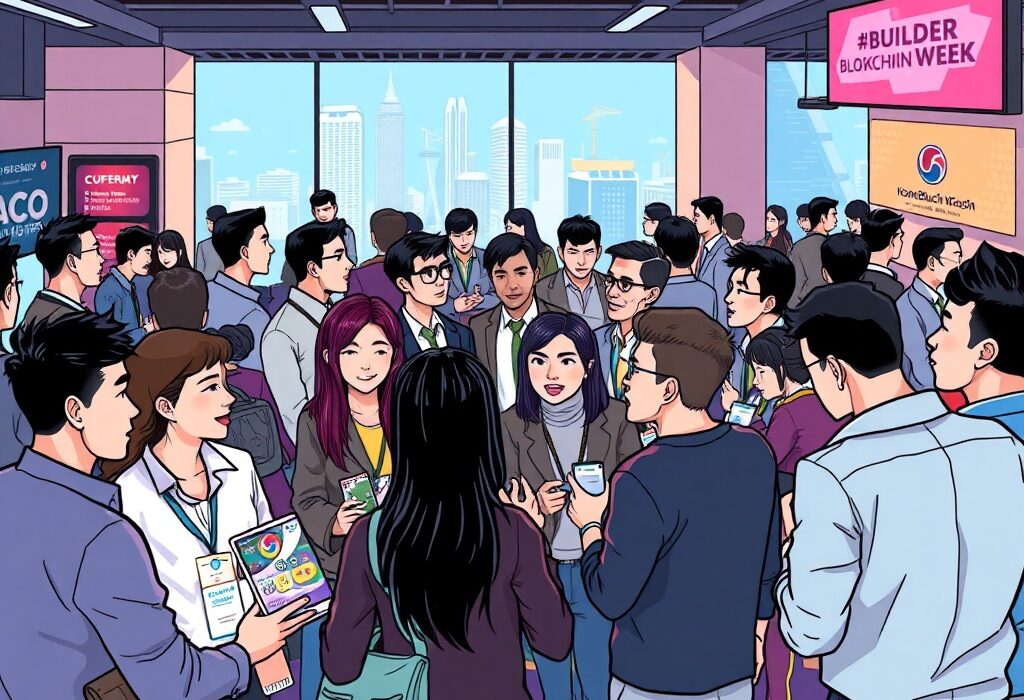 Cartoon illustration of professionals networking at the SynFutures KBW workshop, symbolizing innovation and collaboration in DeFi.