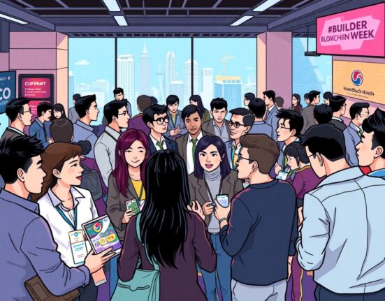 Cartoon illustration of professionals networking at the SynFutures KBW workshop, symbolizing innovation and collaboration in DeFi.