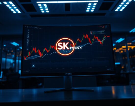 SynFutures trading platform interface displaying SK Hynix stock token chart