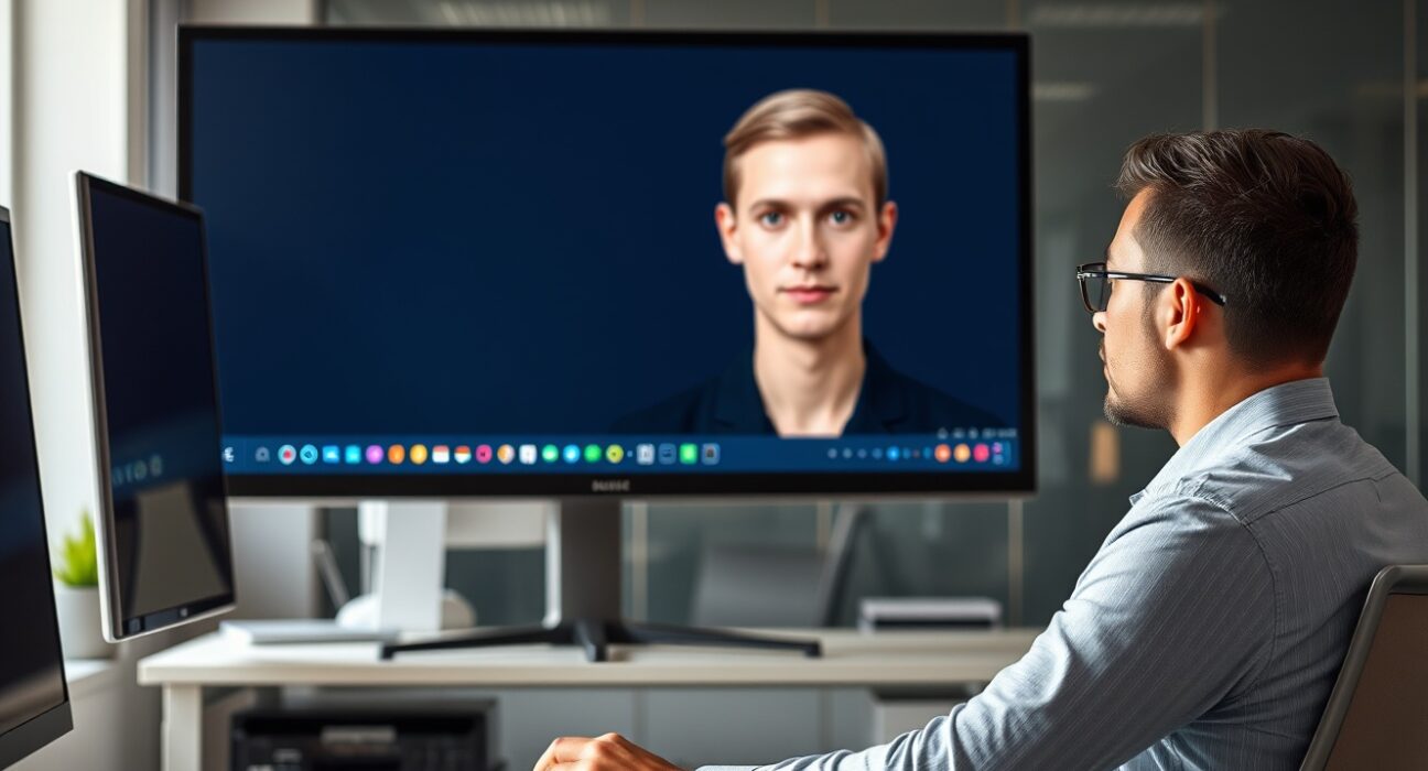 Employee practicing a sales pitch with an AI avatar on a computer screen in a modern office