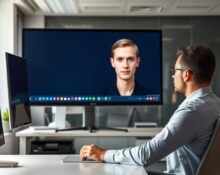 Employee practicing a sales pitch with an AI avatar on a computer screen in a modern office