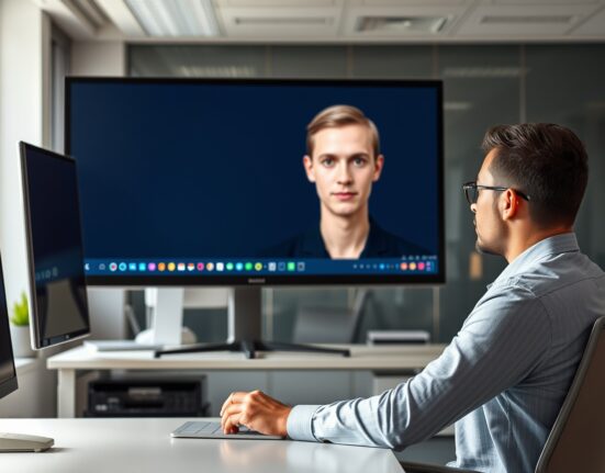 Employee practicing a sales pitch with an AI avatar on a computer screen in a modern office