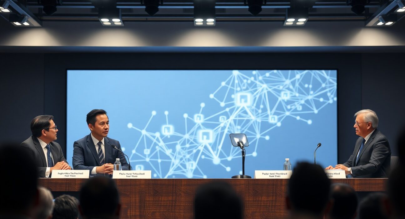 Panel of crypto executives at a conference discussing synthetic stock tokens and regulatory risks.