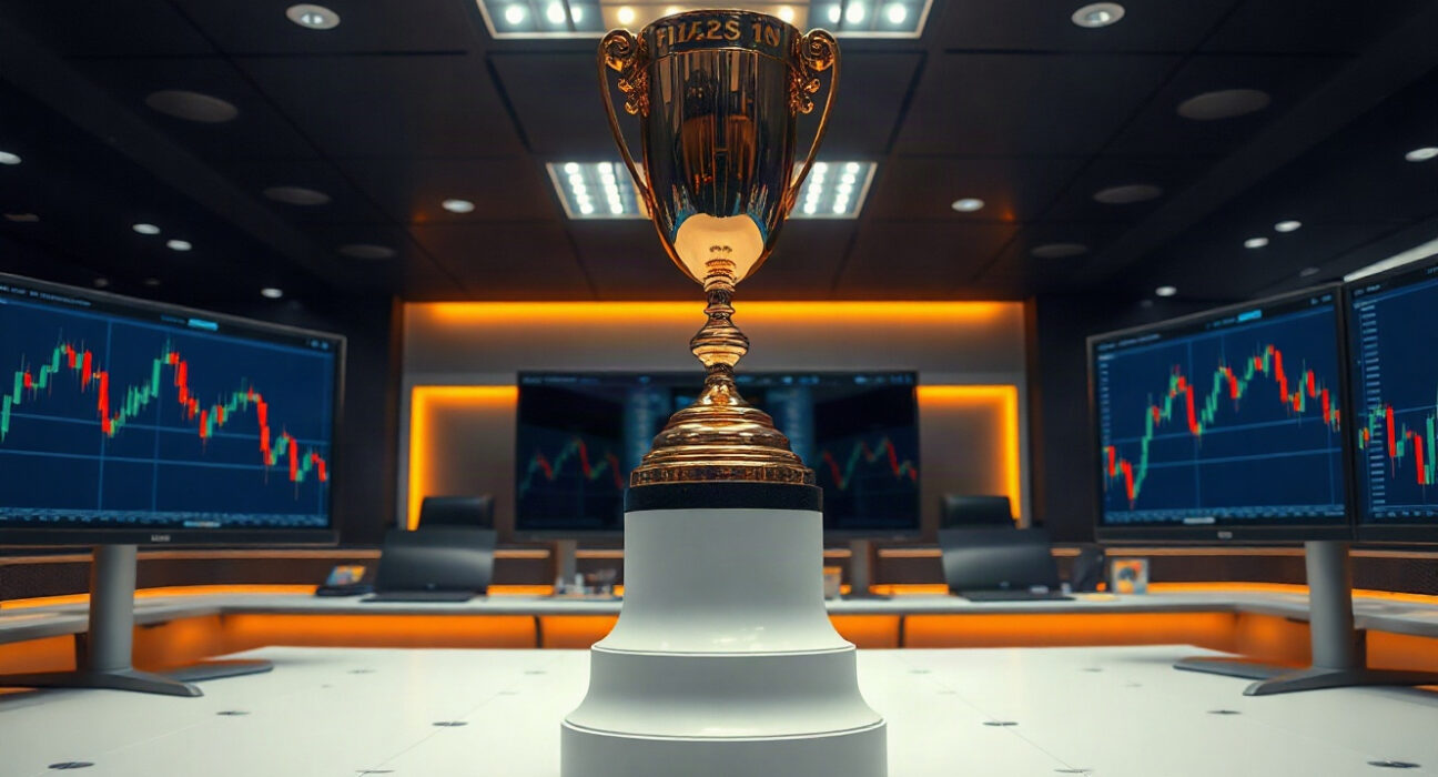 Trophy on a trading desk with charts in the background for the Synthetics Trading World Cup 2026