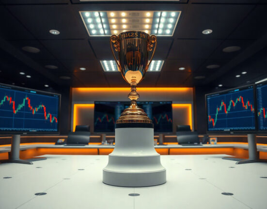 Trophy on a trading desk with charts in the background for the Synthetics Trading World Cup 2026