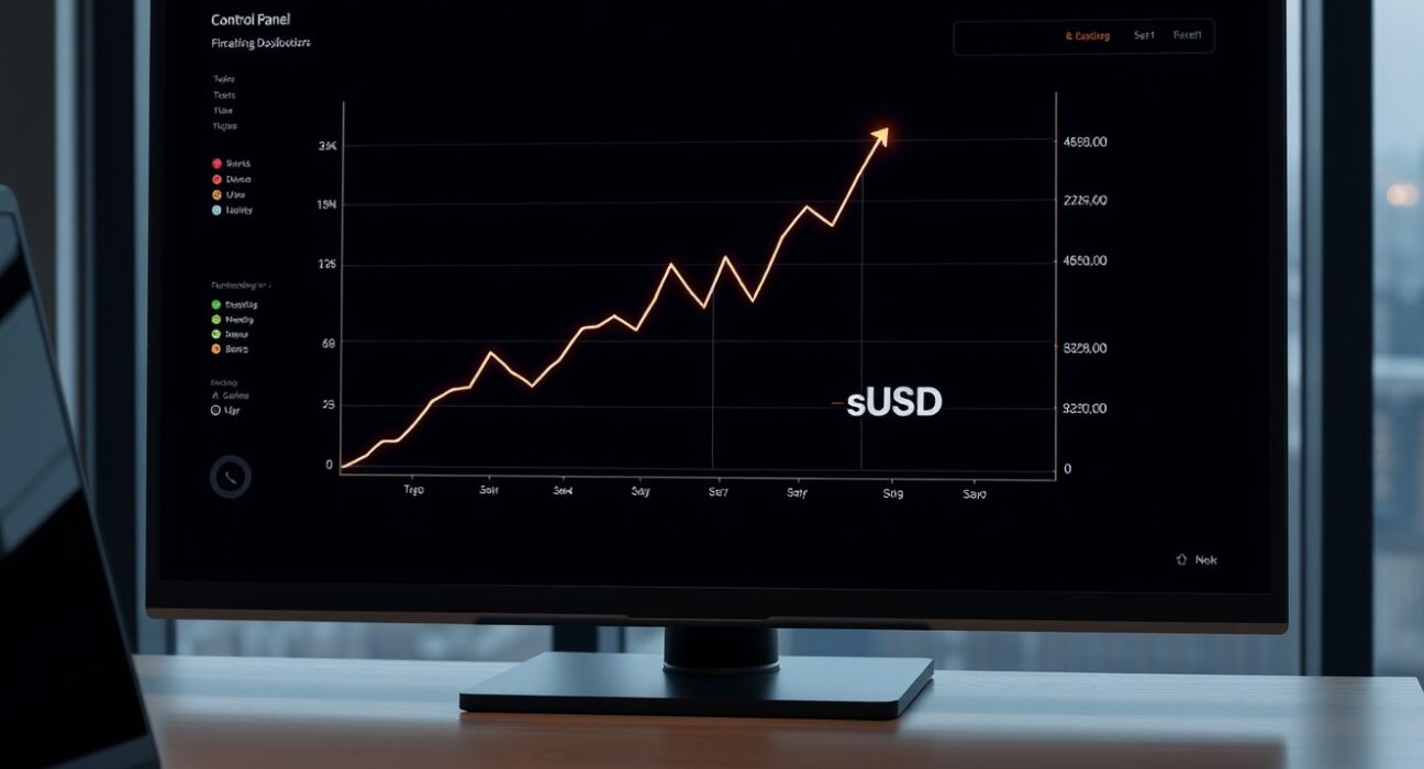 Synthetix 2026 roadmap strategy visualized on a financial dashboard showing SNX and sUSD growth charts.