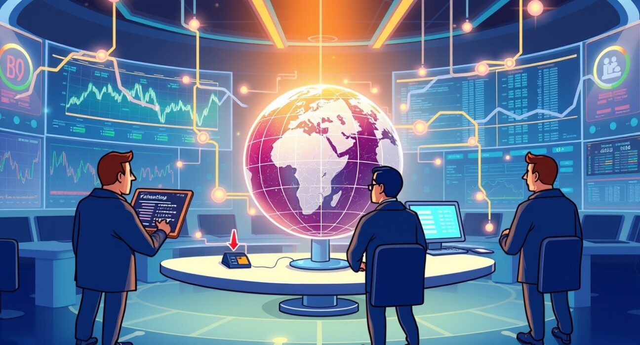A vibrant cartoon illustrating the dynamic world of decentralized perpetual futures trading, highlighting Synthetix's innovative new exchange.