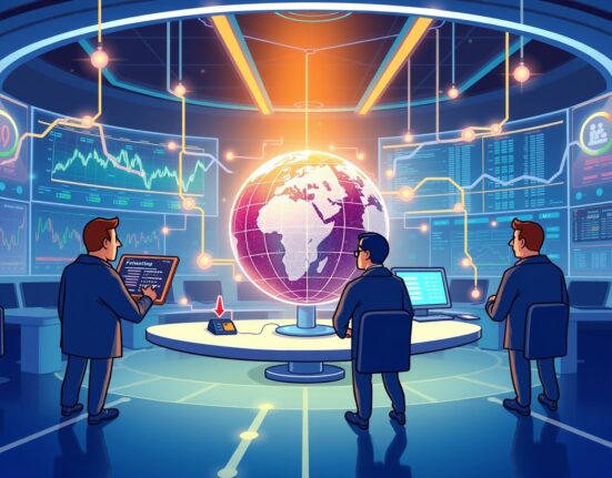 A vibrant cartoon illustrating the dynamic world of decentralized perpetual futures trading, highlighting Synthetix's innovative new exchange.