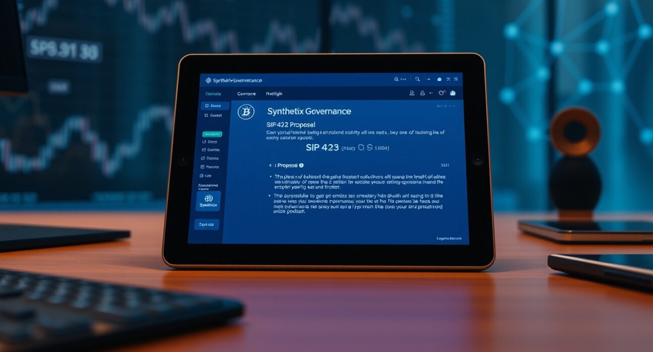 Synthetix governance proposal SIP-423 to decommission sUSD stablecoin displayed on a tablet