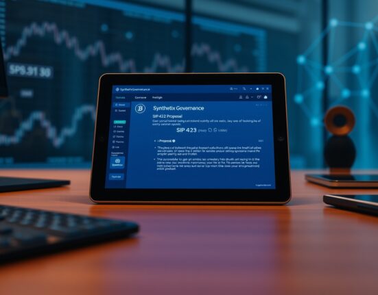 Synthetix governance proposal SIP-423 to decommission sUSD stablecoin displayed on a tablet