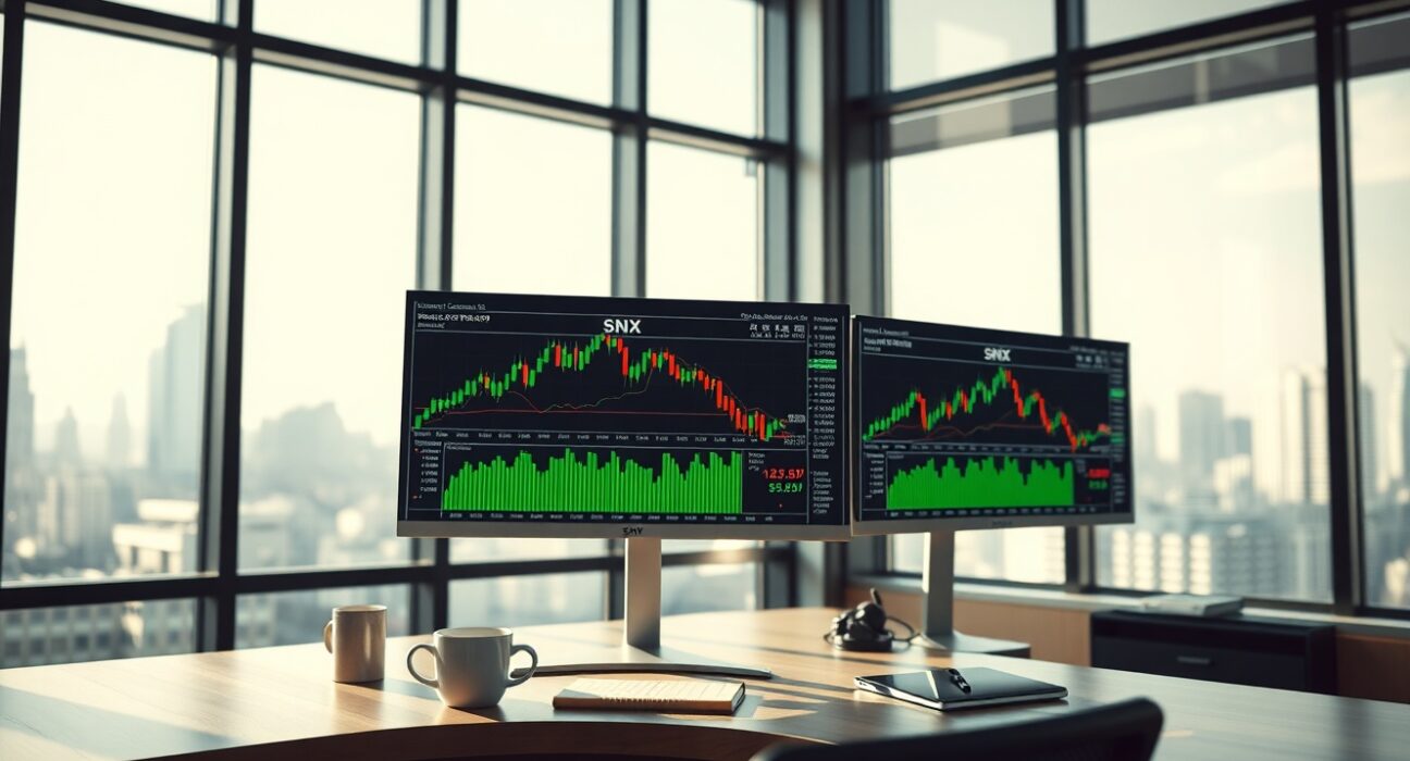 A professional trading desk with monitors showing Synthetix (SNX) price charts and market data.