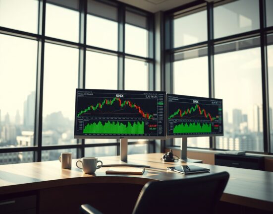 A professional trading desk with monitors showing Synthetix (SNX) price charts and market data.