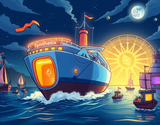 Synthetix returns to Ethereum mainnet, depicted as a ship sailing into a vibrant, high-capacity digital harbor.