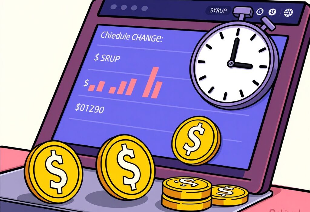 A cartoon illustration showing the management of SYRUP circulating supply on a digital exchange, representing Upbit's recent update.