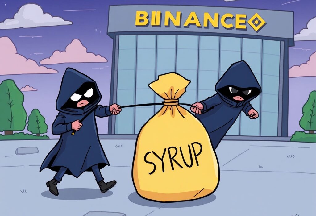 Cartoon depicting a significant SYRUP token withdrawal from Binance by mysterious new crypto wallets.
