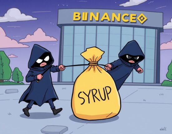 Cartoon depicting a significant SYRUP token withdrawal from Binance by mysterious new crypto wallets.