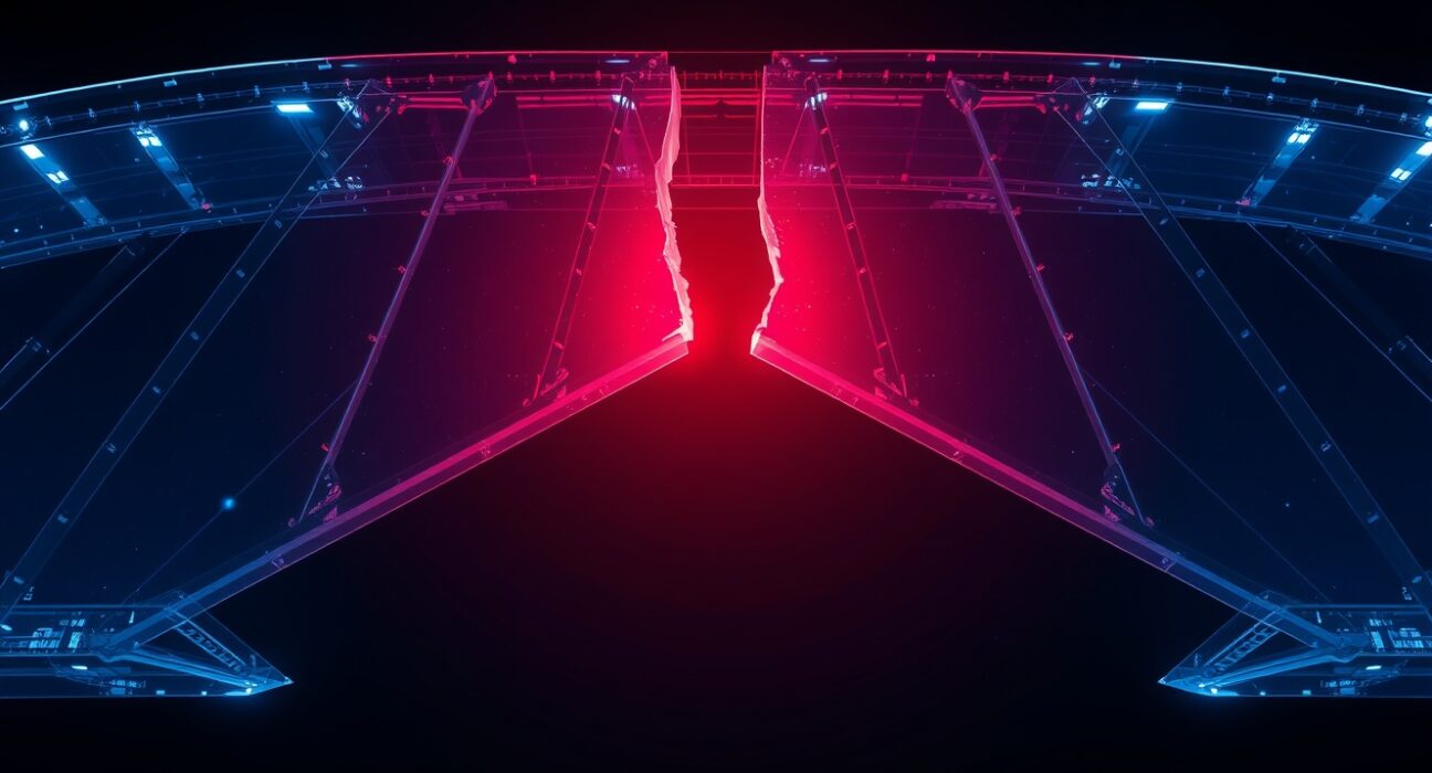 Fractured blockchain bridge in a dark digital void with a red glow at the break point.