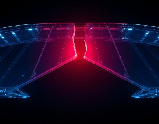 Fractured blockchain bridge in a dark digital void with a red glow at the break point.