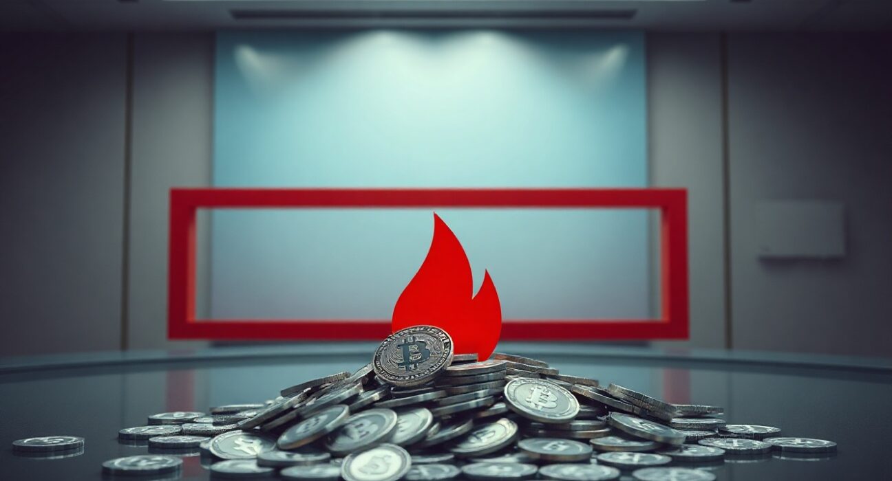 Digital tokens with a red burn icon over them in a clean high-tech setting