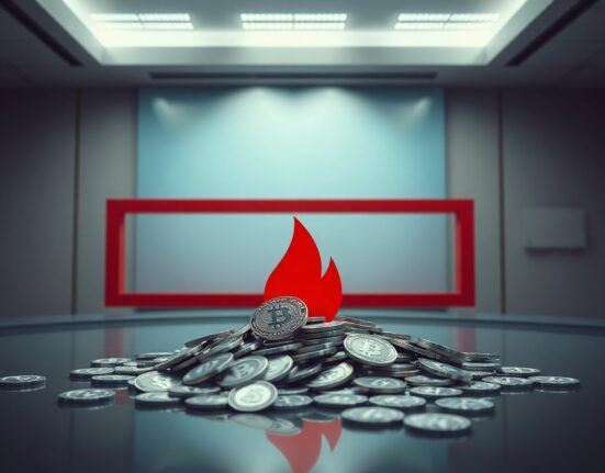 Digital tokens with a red burn icon over them in a clean high-tech setting