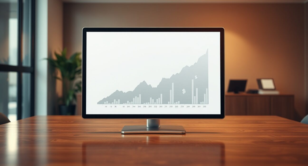 A tablet showing a chart with cryptocurrency symbols on a professional desk in a sunlit office.