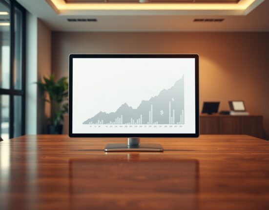 A tablet showing a chart with cryptocurrency symbols on a professional desk in a sunlit office.