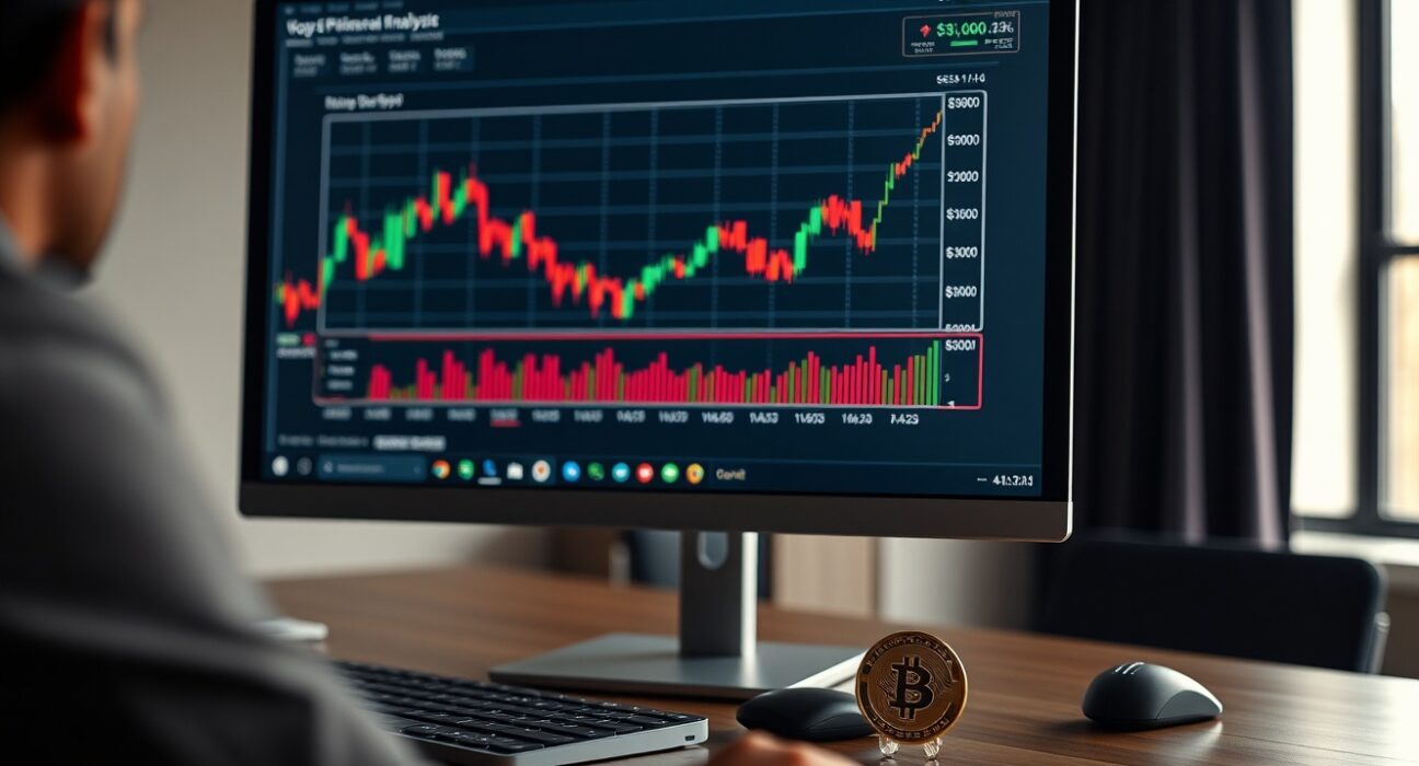 T. Rowe Price analyst desk with crypto charts and a dogecoin coin, illustrating memecoin ETF strategy